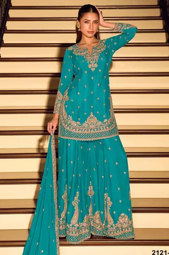 Blue chinon silk full stitched free size palazzo suits upto 42