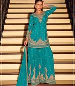 Blue chinon silk full stitched free size palazzo suits upto 42