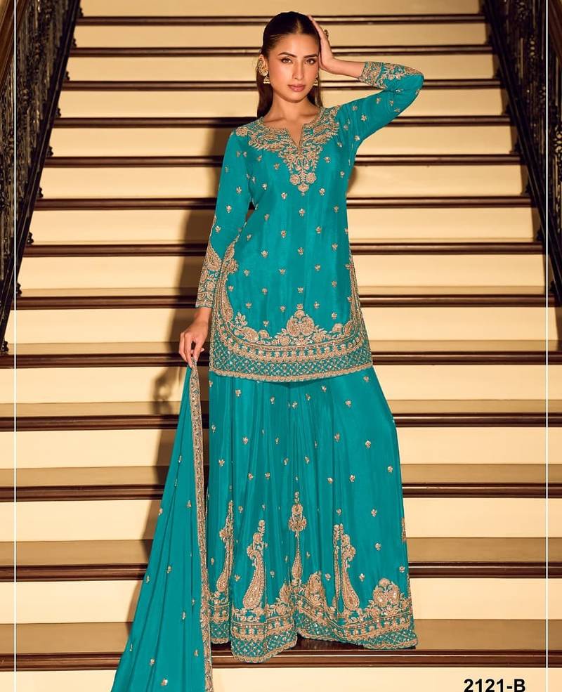 Blue chinon silk full stitched free size palazzo suits upto 42