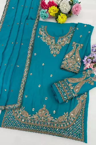 Blue chinon silk full stitched free size palazzo suits upto 42