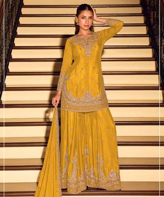 Yellow chinon silk full stitched free size palazzo suits upto 42 1