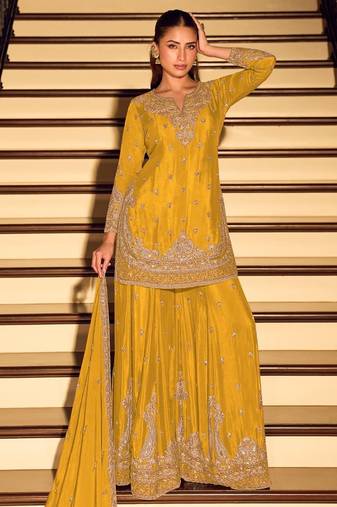 Yellow chinon silk full stitched free size palazzo suits upto 42