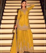 Yellow chinon silk full stitched free size palazzo suits upto 42