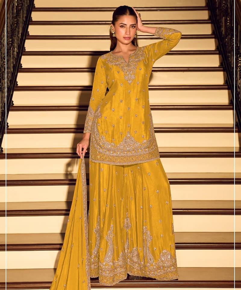 Yellow chinon silk full stitched free size palazzo suits upto 42