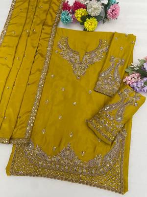 Yellow chinon silk full stitched free size palazzo suits upto 42 2