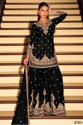Black chinon silk full stitched free size palazzo suits upto 42
