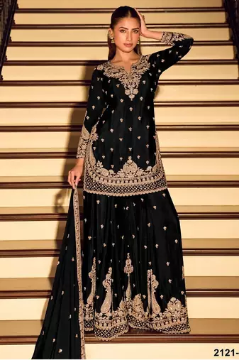 Black chinon silk full stitched free size palazzo suits upto 42