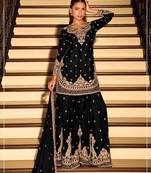 Black chinon silk full stitched free size palazzo suits upto 42