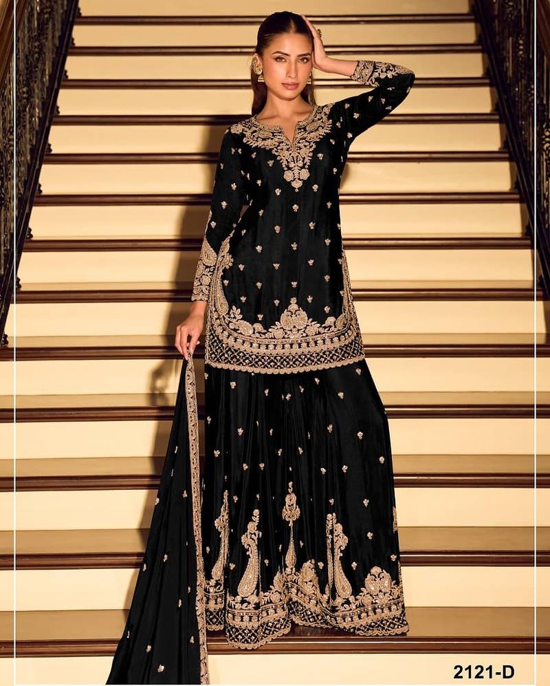 Black chinon silk full stitched free size palazzo suits upto 42