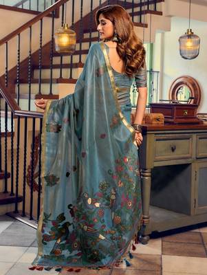 kolkata cotton litchi work saree with fancy tassels 2
