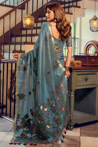 kolkata cotton litchi work saree with fancy tassels