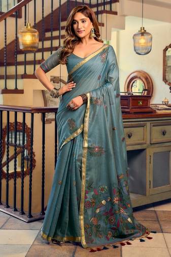 kolkata cotton litchi work saree with fancy tassels