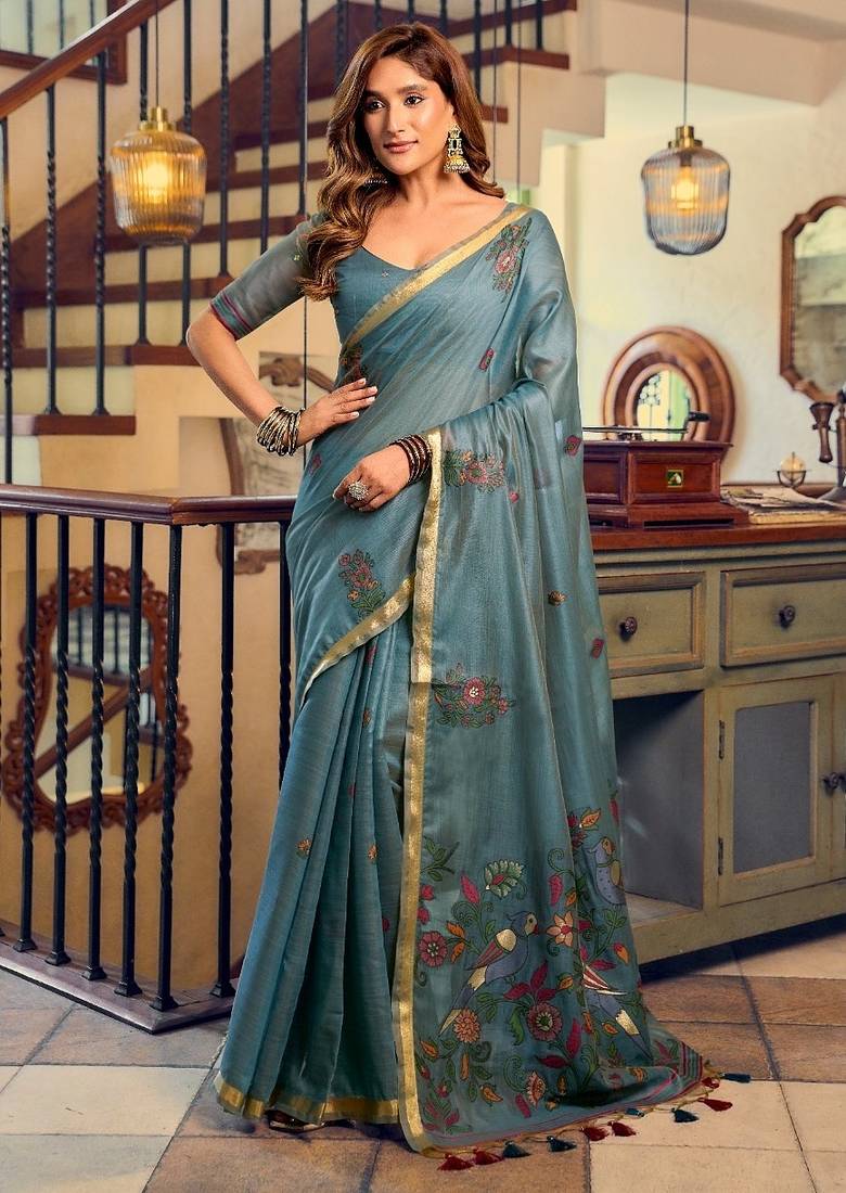 kolkata cotton litchi work saree with fancy tassels