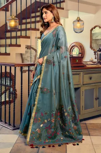 kolkata cotton litchi work saree with fancy tassels