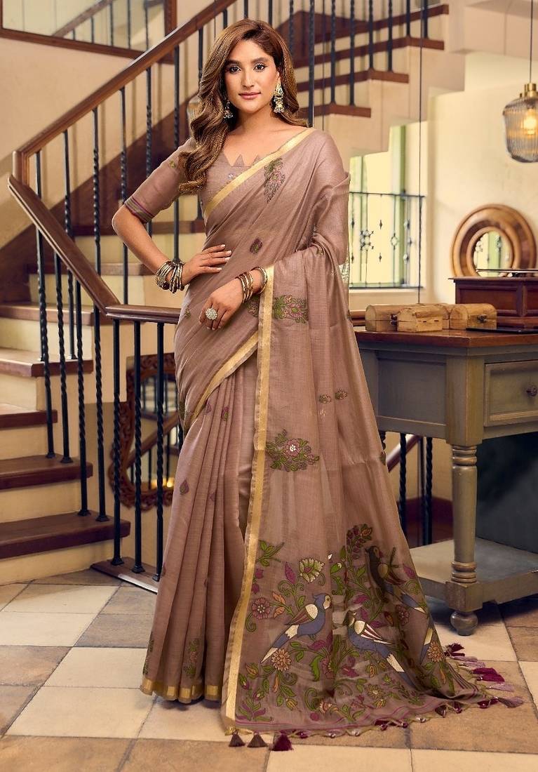 kolkata cotton litchi work saree with fancy tassels