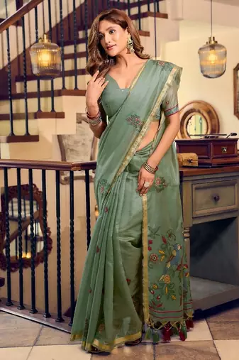kolkata cotton litchi work saree with fancy tassels