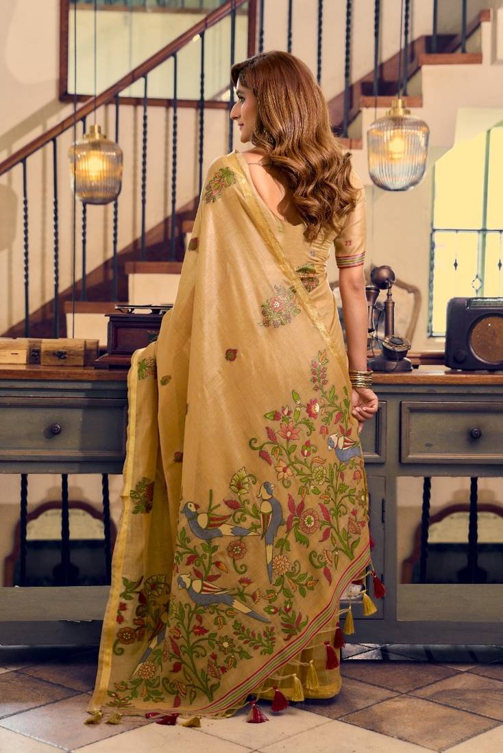 kolkata cotton litchi work saree with fancy tassels
