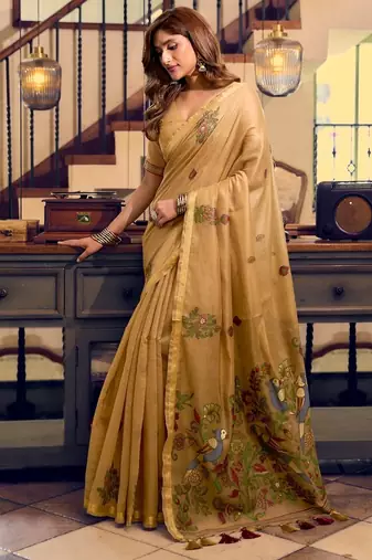 kolkata cotton litchi work saree with fancy tassels