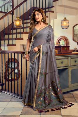 kolkata cotton litchi work saree with fancy tassels 1