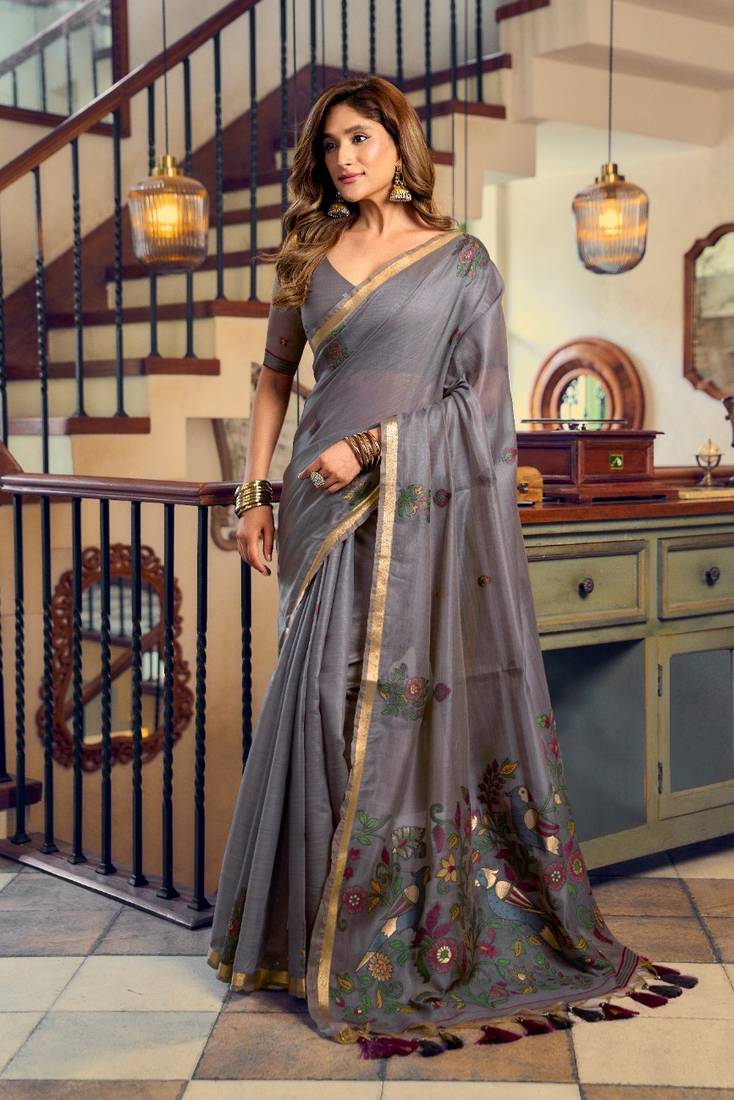 kolkata cotton litchi work saree with fancy tassels