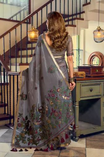 kolkata cotton litchi work saree with fancy tassels