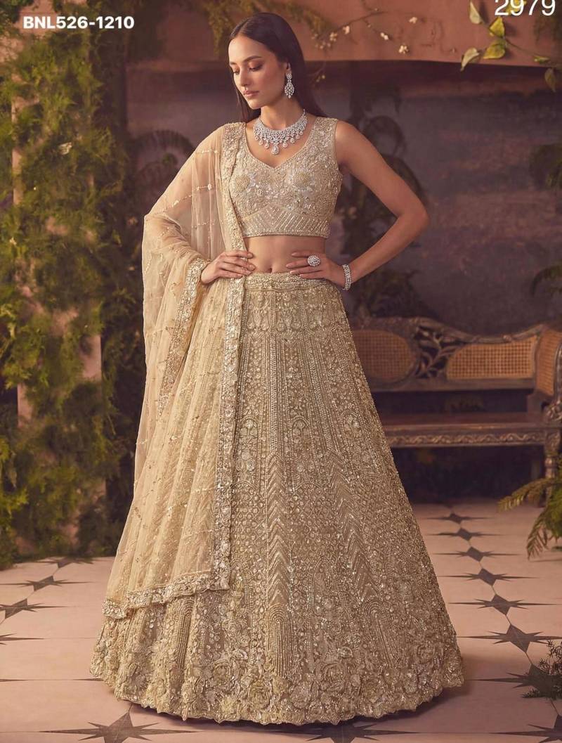 beige net embroidered Lehenga set