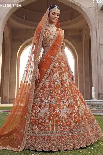 orange silk embroidered lehenga set