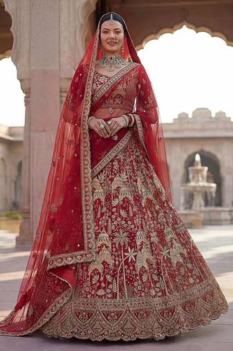 red silk embroidered lehenga set