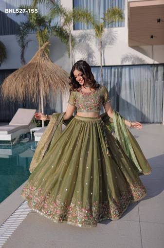 olive silk blend embroidered Lehenga set