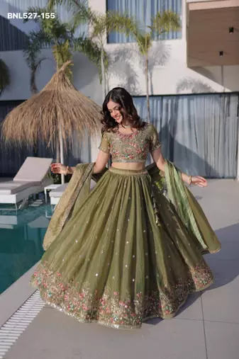 olive silk blend embroidered Lehenga set