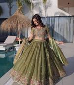 olive silk blend embroidered Lehenga set