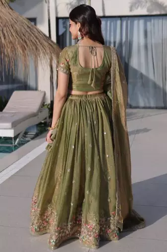 olive silk blend embroidered Lehenga set