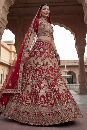 red silk embroidered lehenga set