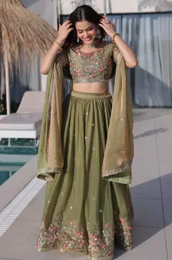olive silk blend embroidered Lehenga set