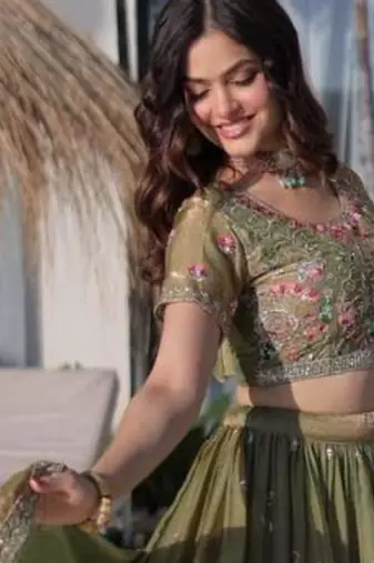 olive silk blend embroidered Lehenga set