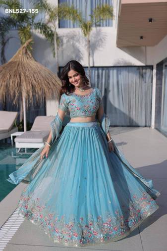 aqua blue silk blend embroidered Lehenga set