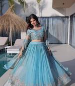 aqua blue silk blend embroidered Lehenga set
