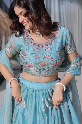 aqua blue silk blend embroidered Lehenga set