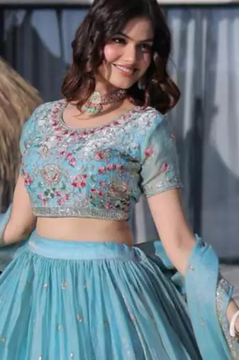 aqua blue silk blend embroidered Lehenga set