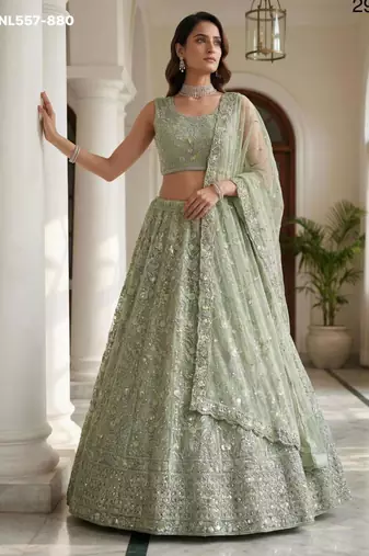 light green net embroidered lehenga set