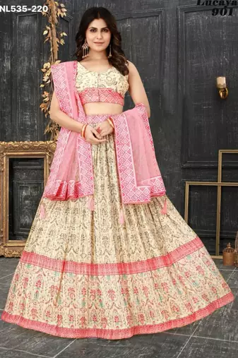 cream silk blend printed Lehenga set