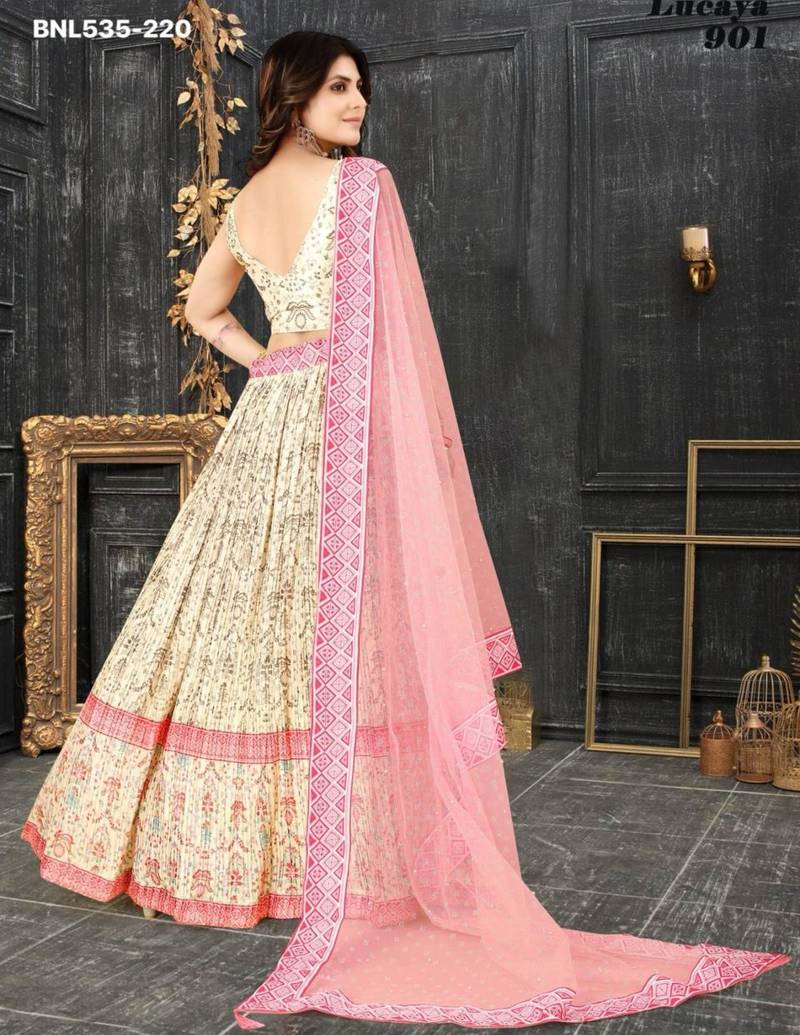 cream silk blend printed Lehenga set