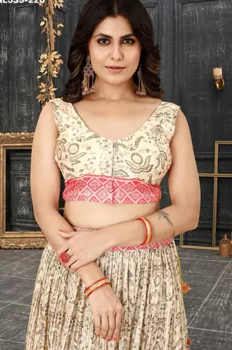 cream silk blend printed Lehenga set
