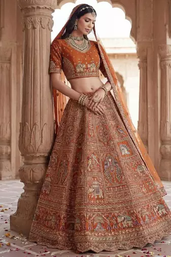 orange silk embroidered lehenga set