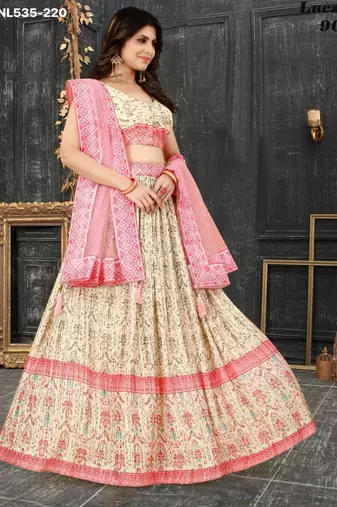 cream silk blend printed Lehenga set