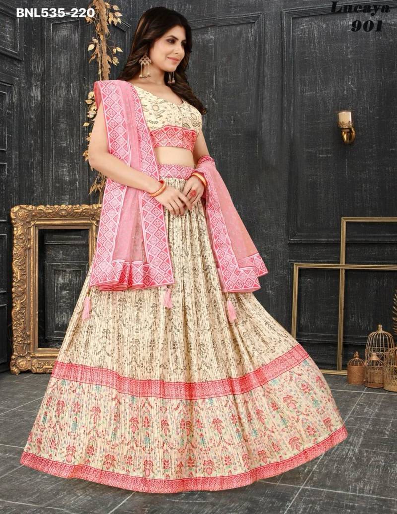 cream silk blend printed Lehenga set