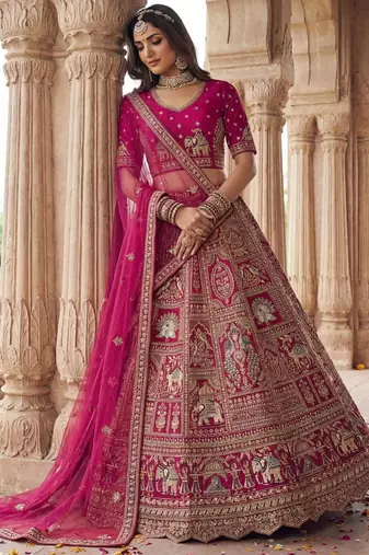 rani pink silk embroidered Lehenga set