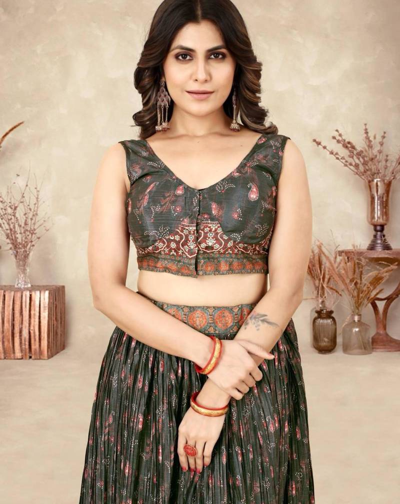black silk blend printed Lehenga set