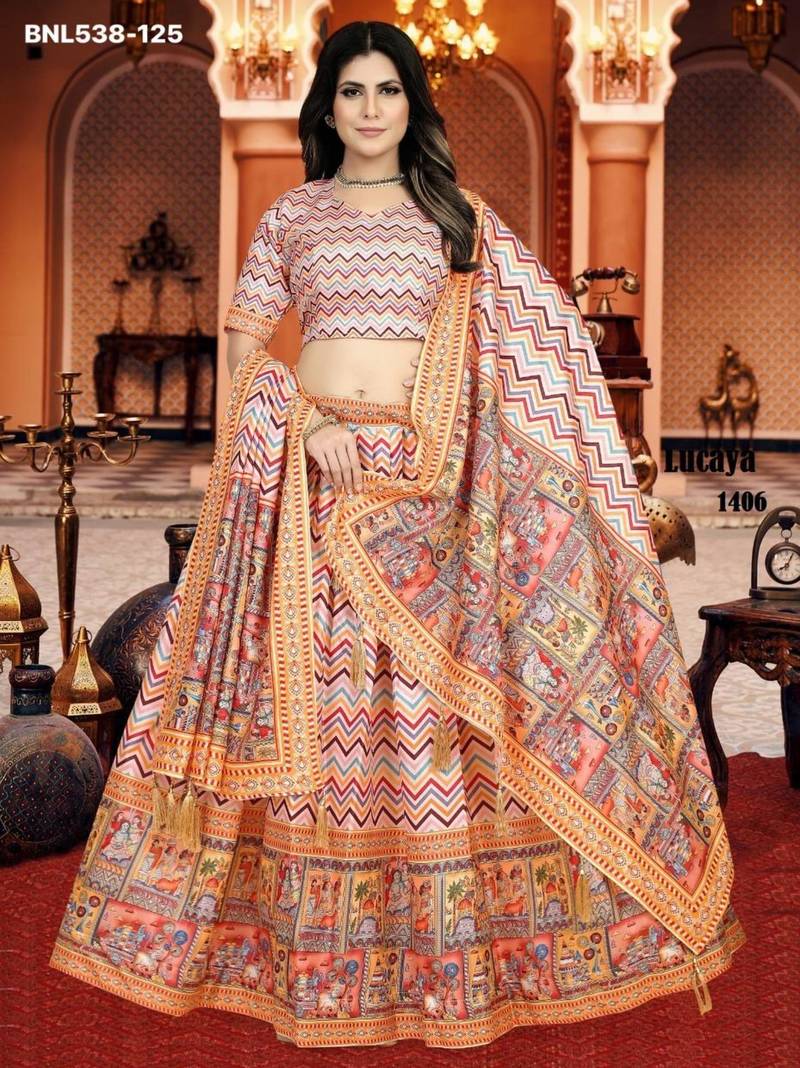 multicolor silk blend printed Lehenga set