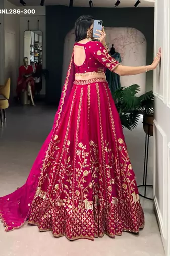dark rani pink silk embroidered Lehenga set